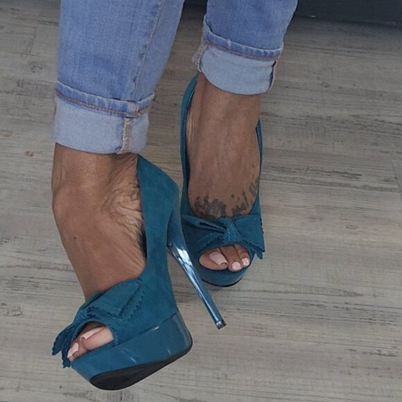 Dark Teal Blue Open Toe Platform Bow Heels Size 7.5 - Picture 4 of 7